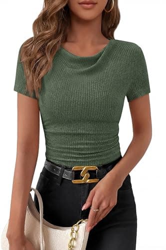 PRETTYGARDEN Womens Summer Tops 2026 Cute Cowl Neck Short Sleeve T-Shirts Ribbed Knit Fitted Spring Ruched Crop Top(Army Green,XX-Large) - Image 1