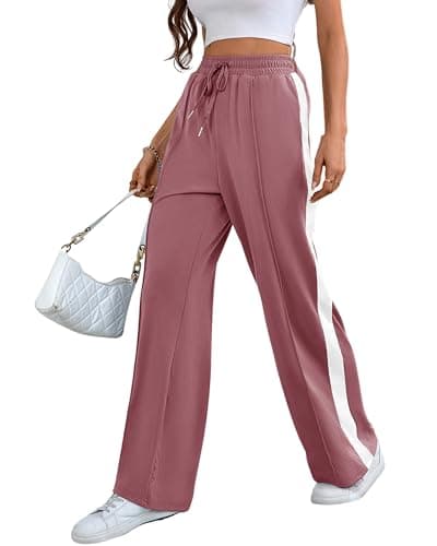 Bellcoco Wide Leg Sweatpants for Women Elastic High Waisted Sweatpants Baggy Long Pant Straight Leg Drawstring with Two Side Pockets Pink XL - Image 1