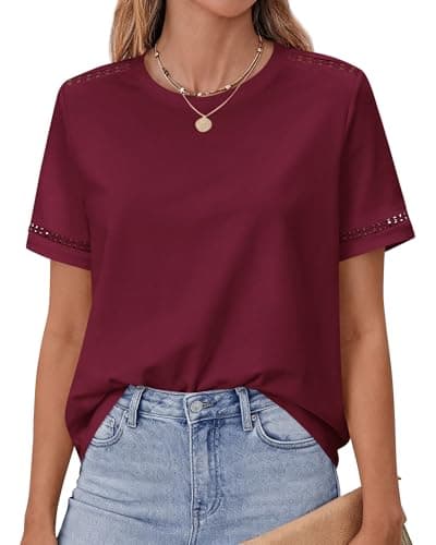 BTFBM Short Sleeve Shirts for Women 2026 Lace Summer Tops Spring Casual Loose Crew Neck T-Shirt Cute Vacation Outfits(Burgundy, XX-Large) - Image 1