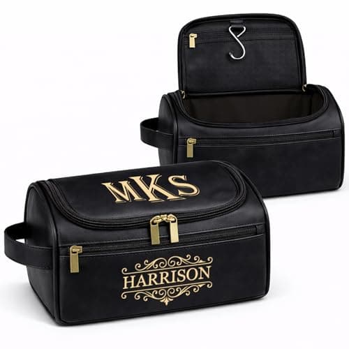 Xpanrous Personalized Leather Toiletry Bag for Men, Engraved Name Initials Cosmetic Bag, Customized Monogram Travel Shaving Dopp Kit for Dad, Gift for Christmas, Birthday, Husband, Groomsmen (Black) - Image 1