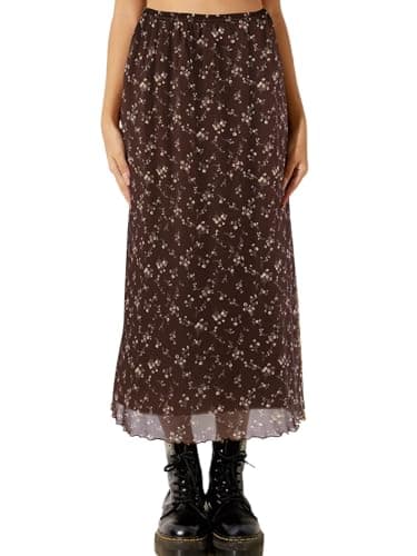 Avanova Women Floral Midi Skirt Boho Fall Summer Mesh High Waisted Maxi Long Skirts Floral Dark Brown X-Large - Image 1
