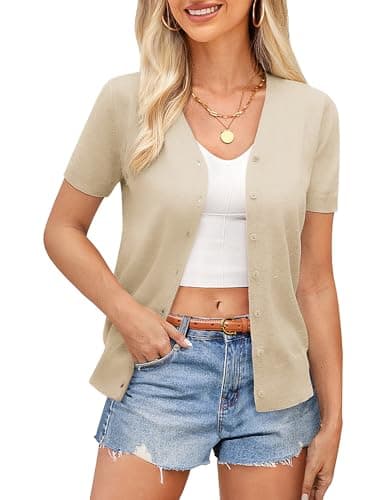 GRACE KARIN Cardigan Sweater for Women Summer Short Sleeve Cardigan Lightweight Cropped Cardigan Jacket Coats Plus Size (Apricot,2XL) - Image 1