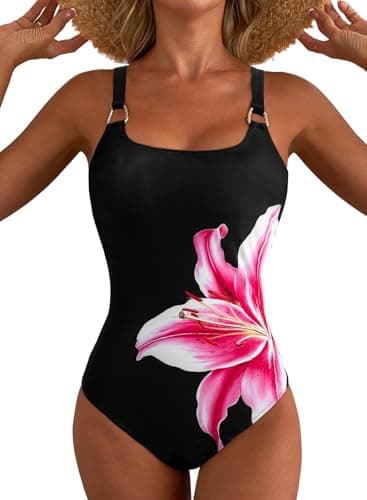 Herseas Women's Metal Ring Adjustable Wide Straps Wire Free Black One Piece Swimsuit Floral Print Tummy Control Slimming Bathing Suit Modest Cruise Essentials Medium - Image 1