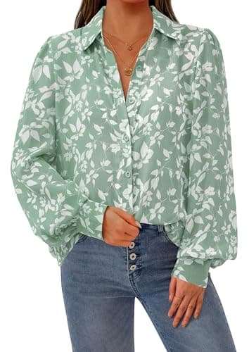 PRETTYGARDEN Women's Floral Blouses Dressy Casual V Neck Button Down Shirts Lantern Long Sleeve Boho Chiffon Spring Tops 2026(Leaves Light Green,XL) - Image 1