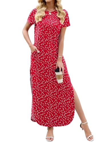 Heymoments Womens Summer Maxi Dress Floral Print X-Large Short Sleeve Casual Loose Fitted Long T Shirt Ladies Flowy Dresses Split Cute Vacation Party Beach Travel Elegant Sundress with Pockets - Image 1