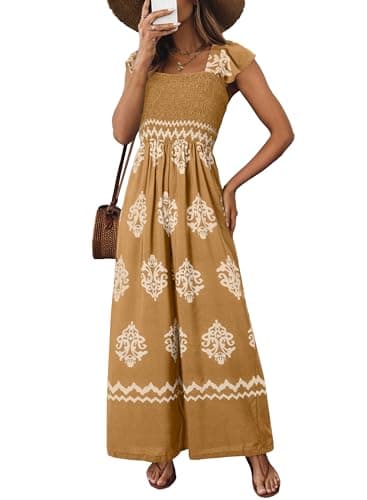 Happy Sailed Plus Size Jumpsuits for Curvy Women Floral Print Cap Sleeve Women's Jumpsuits Overalls Wide Leg Long Pants Rompers Beach Vacation Outfits for Women Fashion 2026 Khaki X-Large - Image 1