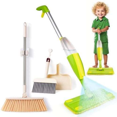 Lullulii Kids Spray Mop,Toddler Mop Cleaning Set, Real Working Mini Mop & Kids Broom Dustpan Set, Housekeeping Pretend Play Toy, Montessori Kid Cleaning Toy Set Includes Organizer Clip -Green - Image 1
