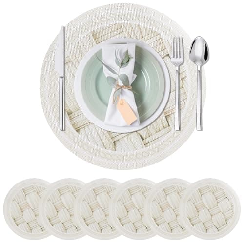 Kaixinbao 15 Inch Round Placemats Set of 6,Washable Wipeable Durable Place Mats for Dining Table,Kitchen Decor, Non Slip Lace PVC Vinyl Braided Table Mats(6, Cross-Weave Straw) - Image 1