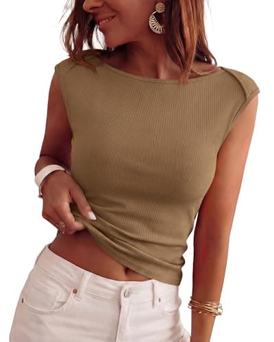 BTFBM Women's Ribbed Tank Tops 2026 Summer Cap Sleeve Boat Neck Slim Fitted Knit Basic Casual Tee Shirts Fashion Clothes(Dark Khaki, Large) - Image 1