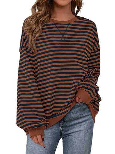 PRETTYGARDEN Women Striped Oversized Sweatshirt Color Block Crew Neck Long Sleeve Casual Pullover Top Spring Y2K Clothes (Brown Navy, Small) - Image 1