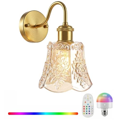 YUNICE Vintage Battery Operated Wall Sconces Set of 1 Rechargeable Wall Sconce Wireless Wall Lights with Remote Control & Amber Glass Lampshade for Bedroom Living Room Vintage Indoor E26 Type-C - Image 1