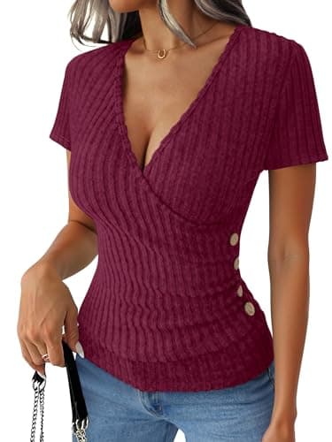 ANRABESS Womens Tops Short Sleeve V Neck Sexy Ribbed Knit Slim Fit Lightweight Sweater 2026 Summer Dressy Casual T-Shirts Large Burgundy - Image 1