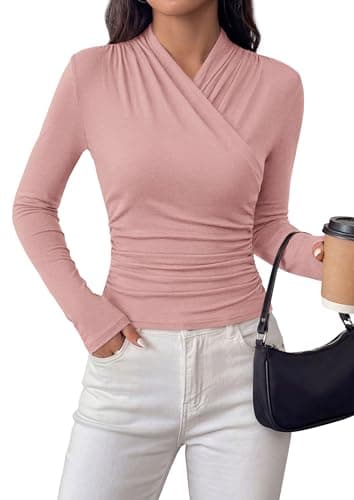 PRETTYGARDEN Womens Long Sleeve Shirts 2026 Fall V Neck Cross Wrap Going Out Top Ribbed Ruched Fitted Business Casual Clothes (Pink,Small) - Image 1