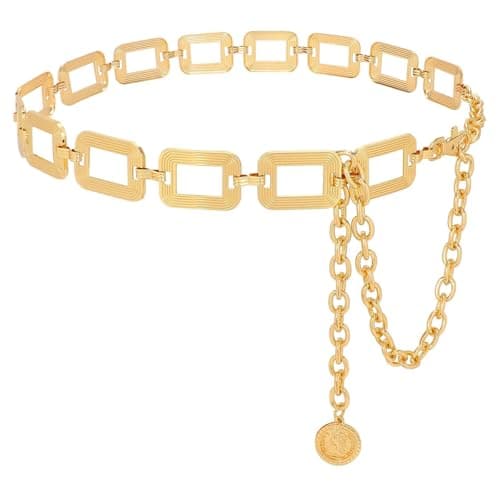 WHIPPY Metal Waist Chain Belt Women Adjustable Body Link Belts Ladies Fashion Chain for Jeans Dress, Gold Rectangle S - Image 1