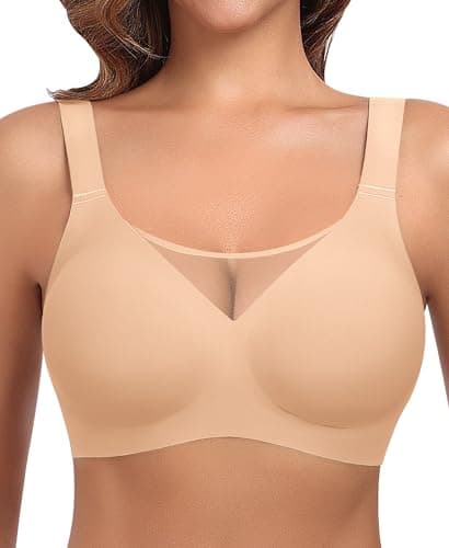 Ganado Wireless Bras for Women Full Coverage Mesh Seamless Supportive Comfortable Bras No Wire T Shirt Bra Padded Bralette (Beige, Small) - Image 1