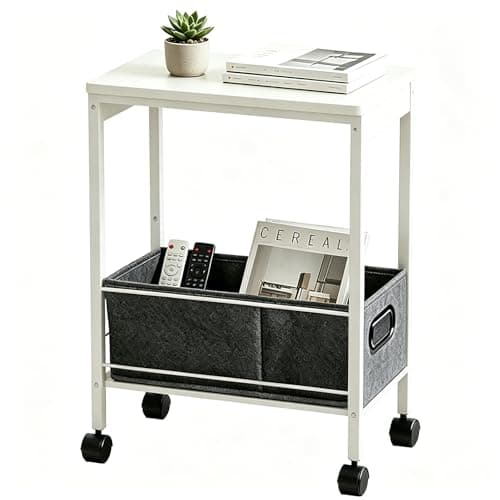 DEILALY Rolling Cart with Wheels, Slim Narrow Side Table with Storage Basket, Metal Mobile End Table & Nightstand for Small Spaces, Living Room Bedroom Sofa Table, White - Image 1