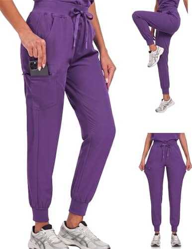VECARDI Women's Scrub Jogger Pants High Waisted Stretch Nurse Work Bottoms 5 Pockets Elastic Waist Slim Fit Dark Purple - Image 1