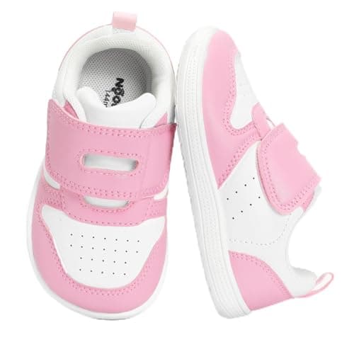 noorkiz Toddler Girl Shoes Wide Toe Box Barefoot Shoe Zero Drop Girls Sneakers for Wide Feet High Instep with Hook and Loop Lightweight Non Slip Comfortable Walking Running Preschool Pink White Toddler Size 6 - Image 1
