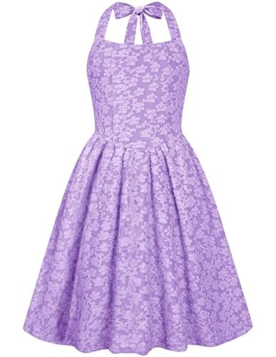 Tween Dress Size 10-12 Spring Junior Floral Easter Sleeveless Short Dresses Kids Casual Summer Semi Formal Halter Sundresses Lavender - Image 1