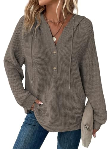 Dokotoo Womens Sweatshirt Fashion Outfits Fall Clothes 2026 Oversized Hoodies Sweatshirts Waffle Knit Drawstring Button V Neck Long Sleeve Sweater Casual Loose Solid Color Hooded Tops Grey Small - Image 1
