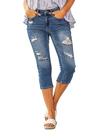 luvamia Womens Capri Jeans for Women High Waisted Skinny Ripped Jean Distressed Denim Capri Pants Casual Short Jeans Classic Blue Size Small Fits Size 4 to Size 6 - Image 1