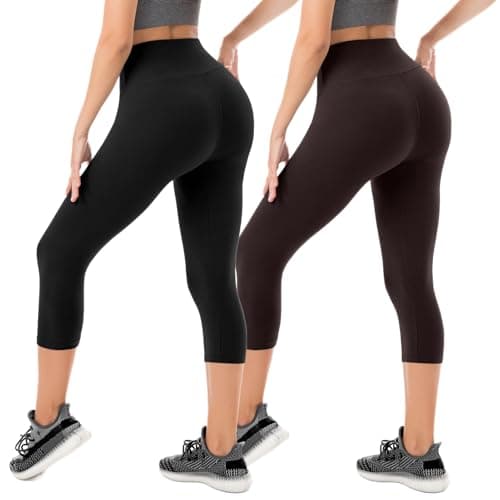 SINOPHANT Capri Leggings for Women - 2 Packs Buttery Soft Yoga Pants for Gym Athletic Black Brown LXL - Image 1