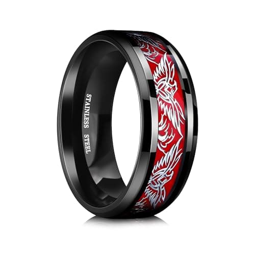 QOBEBOTA 4th of July Mens Eagle Rings Stainless Steel Viking Rings Non Tarnish Wedding Band 8mm Mens Engagement Ring Black and Red Statement Ring Gifts for Men Size 12 - Image 1