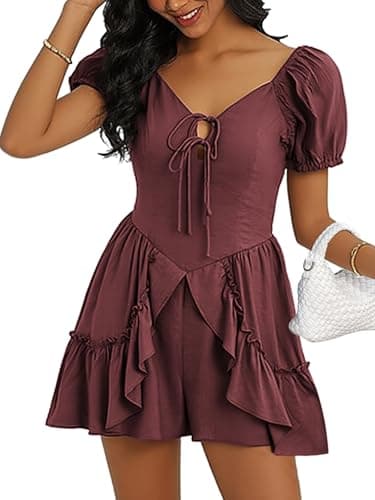 ECOWISH Women Summer Short Romper Puff Short Sleeve Tie Front V Neck Ruffle Cute Rompers Dress Outfits with Pockets Bean Paste X-Large - Image 1