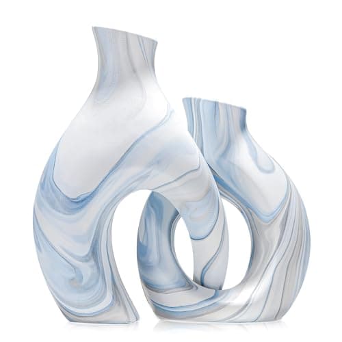 Blue Vases Set of 2, Modern Coastal Vase for Flowers, White vases for Table Centerpieces, Snuggle Hollow Vase Ceramic Decoration for Living Room, Nordic Boho Decor for Coffee Table Shelf - Image 1