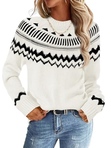 MEROKEETY Women's 2025 Fall Winter Striped Pullover Sweater Trendy Crew Neck Long Sleeve Vintage Color Block Knit Tops, White, X-Large - Image 1