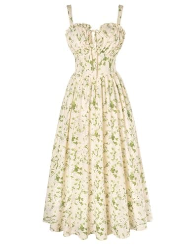 Summer Dress for Women 2026 Floral Milkmaid Sundress Midi Corset Dress Beige Green Floral M - Image 1