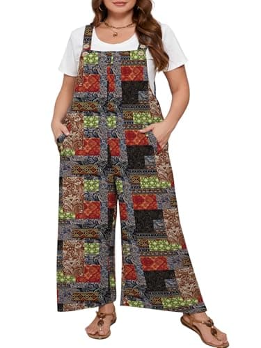 AusLook Plus Size Women's Adjustable Straps Jumpsuits Boho Patchchic Brown 1X Casual Loose Wide Leg Overalls with Pockets - Image 1