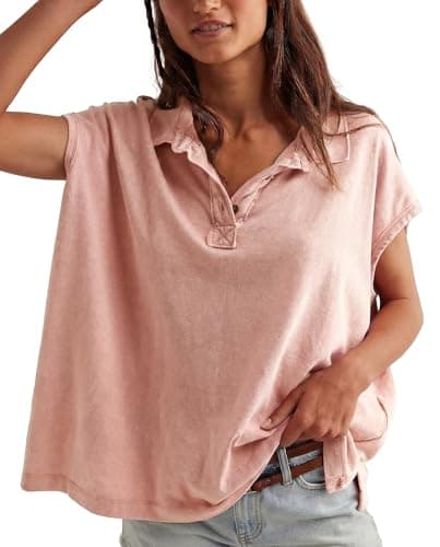 Jenkoon Womens Summer Oversized Cap Sleeve Polo Shirts V Neck Henley Tops Soft Cotton Tee Shirts(Pink,XL) - Image 1