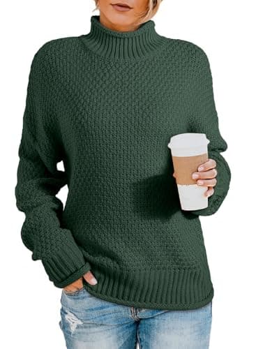 Dokotoo Womens Turtleneck Sweaters Batwing Long Sleeve Fall Clothes for Women 2026 Solid Casual Winter Outifits Loose Oversized Sweater Chunky Knit Christmas Sweaters Jumper Green Blouses X-Large - Image 1