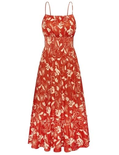GRACE KARIN Summer Dresses for Women 2026 Vacation,Smocked Floral Maxi Dresses,Boho Beach Long Sundress Red Yellow Floral XL - Image 1