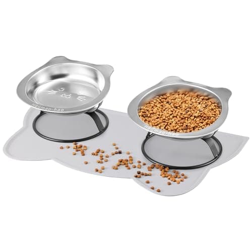 Elevated Cat Bowls with Non-Slip Mat - 7.1" Wide Whisker Friendly Dishes, Neck Stress-Free, Raised Stainless Steel Bowls for Flat-Faced/Senior Cats & Small Dogs, Indoor/Travel Use, 2-Pack - Image 1