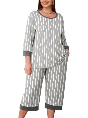 AusLook Women’s Plus Size Pajama Sets Printed 3/4 Sleeve Nightwear Top and Capri Pants 2 Piece Lounge Set with Pockets - Image 1