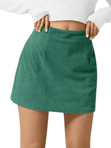 Wenrine Womens Corduroy Mini Skirt High Waisted Basic Casual A-line Short Skirts Dark Green - Image 1