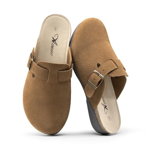 Athlefit Cork Clogs for Women Adjustable Buckle Antislip Leather Brown Clogs with Arch Support Slip On Potato Shoes for Fall Casual Work Vacation Home 11 - Image 1