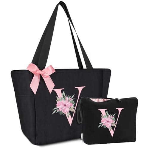 Vavabox Tote Bag, A-Z Initial Monogrammed Waterproof Tote Bag, Bridesmaid Gifts for Women, Black and Pink (V, Black Set) - Image 1
