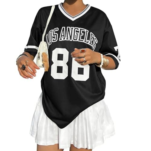 LUKYCILD Women's Oversized Y2K Jersey Shirt V Neck Number Graphic Striped Casual Tee Perfect for Daily Wear Streetwear Black - Image 1