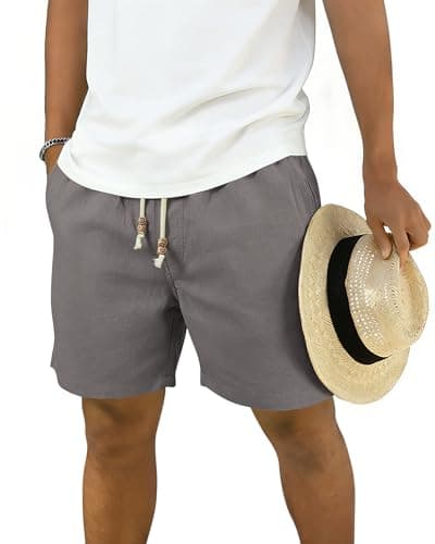DOWMQ Men's Cotton Linen Shorts - 5" Inseam Casual Shorts with Drawstring Elastic Waistband for Summer Beach Vacation & Golf Dark Gray, S - Image 1