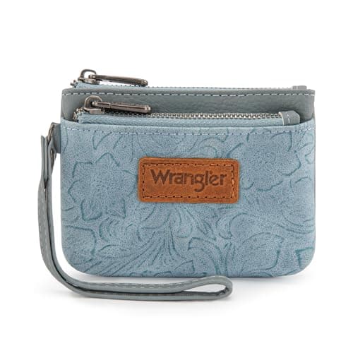 Montana West Wrangler Coin Purse for Women RFID-blocking Floral Embossed Change Pouch Wristlet Wallet Lightweight Portable Wallets Blue - Image 1