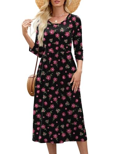 Heymoments Women Dress Black Pink Rose Medium Crewneck 3/4 Sleeves Wedding Guest A line Casual Flowy Swing Party Vintage Spring Fall Winter Travel 2026 Long Midi Dresses with Pocket - Image 1