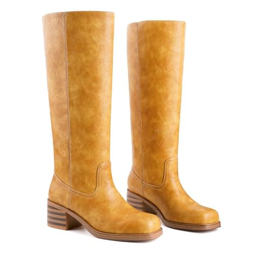 Migpuel Knee High Boots for Women Square Toe Riding Boots Chunky Block Heel Wide Calf Tall Boots Comfortable Low Heel Campus Casual 8,banana - Image 1
