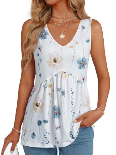 GKBK Womens Tank Tops V Neck Babydoll Flowy Peplum Hem Tops for Women Dressy Sleeveless Floral Tank Tops White Blue Flower - Image 1