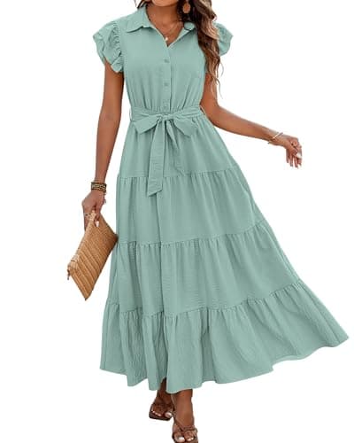 dowerme Women's Summer Casual Dresses 2026 Cap Ruffle Sleeve V Neck Button Belted Tiered Boho Maxi Dress with Pockets(Mint Green,Large) - Image 1