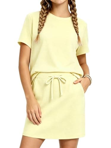 XMWEALTHY Girls 2 Piece Outfits Spring Summer Pullover T-Shirt and Drawstring Skirts with Built-in Shorts Kids Clothing Set Light Yellow 9-10Y - Image 1