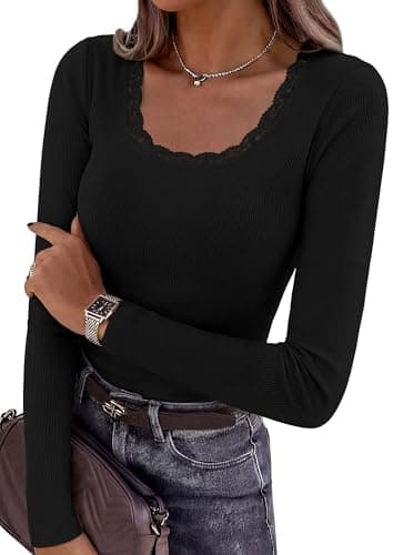 PRETTYGARDEN Womens Long Sleeve Tops Casual Fall Fashion 2026 Lace Square Neck Fitted Ribbed Knit Tee Shirts Winter Clothing (Black,XX-Large) - Image 1