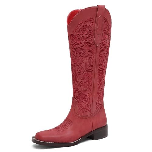GPXGPX Cowboy Boots Wide Calf Cowgirl Boots Women Knee High, Low Block Heel Comfortable Pull On Western Square Toe Tall Boots 7 - Image 1